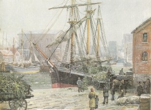 Trees being loaded aboard ship. Painting by Charles Vickery.
