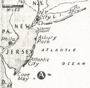 Map locates Cape May, NJ off which (A) U.S. Destroyer Jacob Jones was sunk by enemy submarine.