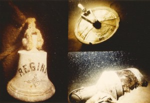 The Regina's bell, telegraph, and lantern. Telegraph reveals the captain had shut down her steam engines before she sank.